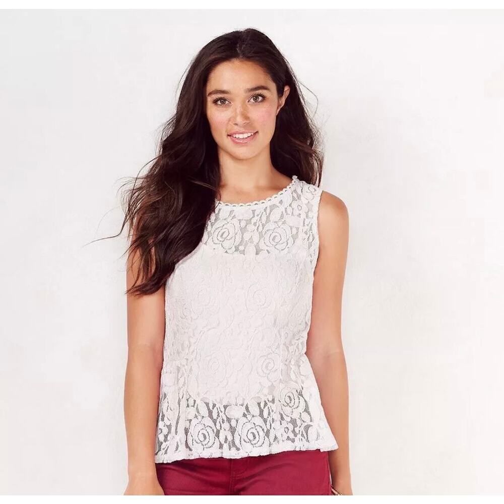 Lauren Conrad Womens White Lace Sleeveless Crew Neck Peplum Tank Top Size Medium